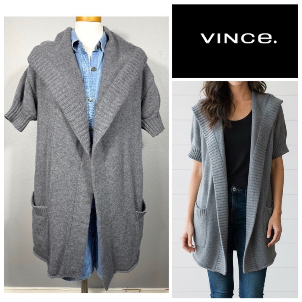 Vince Hooded Cashmere Open Front Cardigan Sweater